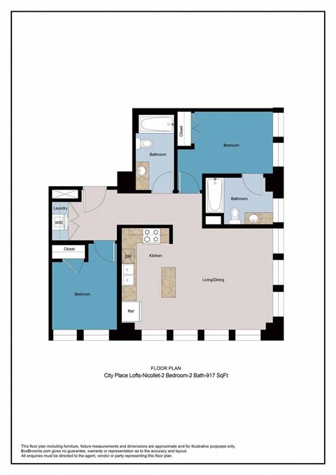 Floor plan for 2 beds, 2 baths, 917 sqft
